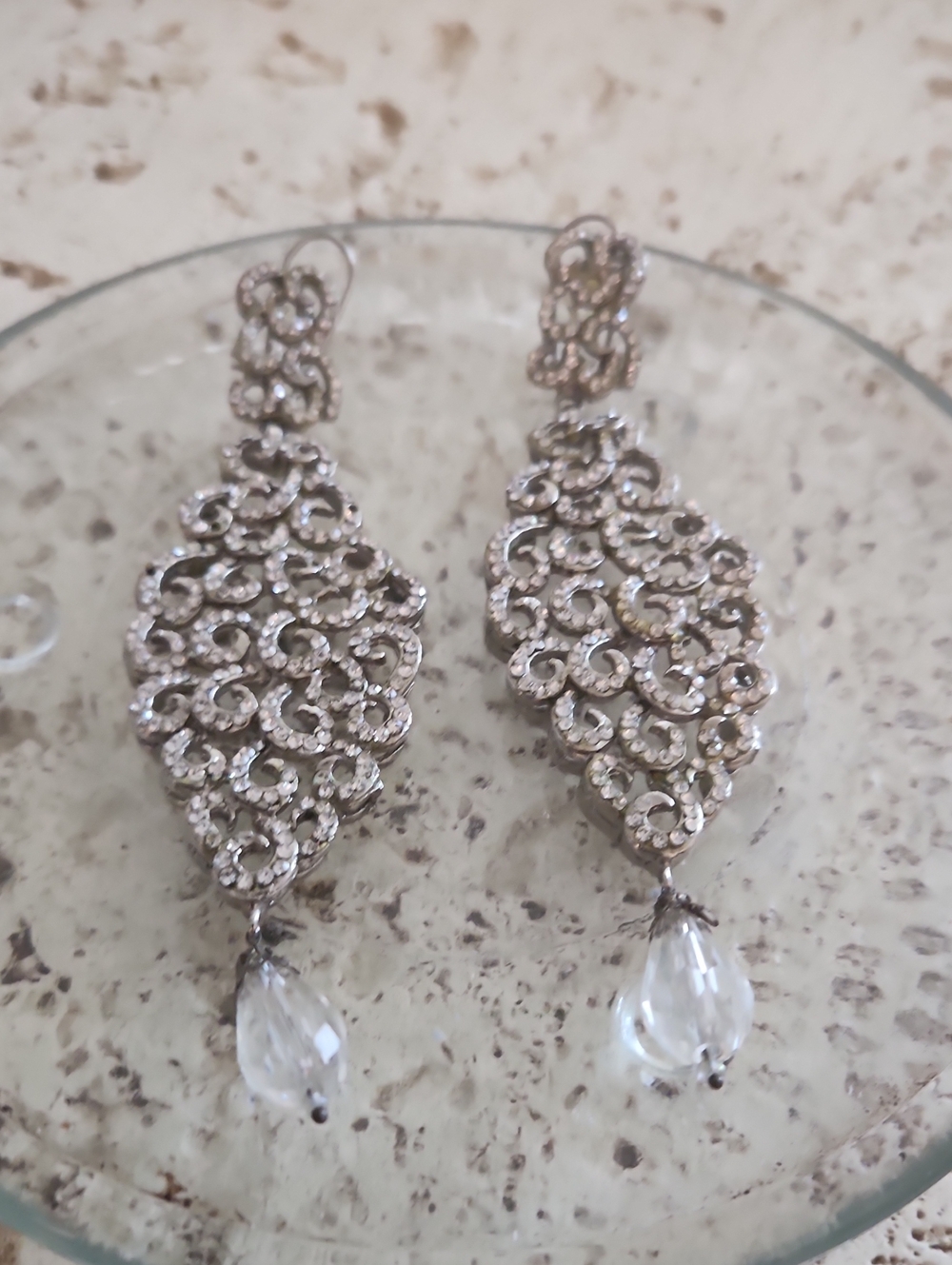 Crystal Drop Filigree Dangle Earrings - Silver Clear